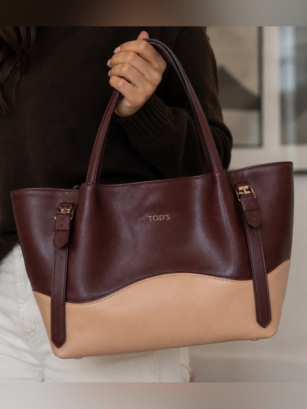 Tod’s Authentic Vulcano Two-Tone Leather Shoulder Tote NWT